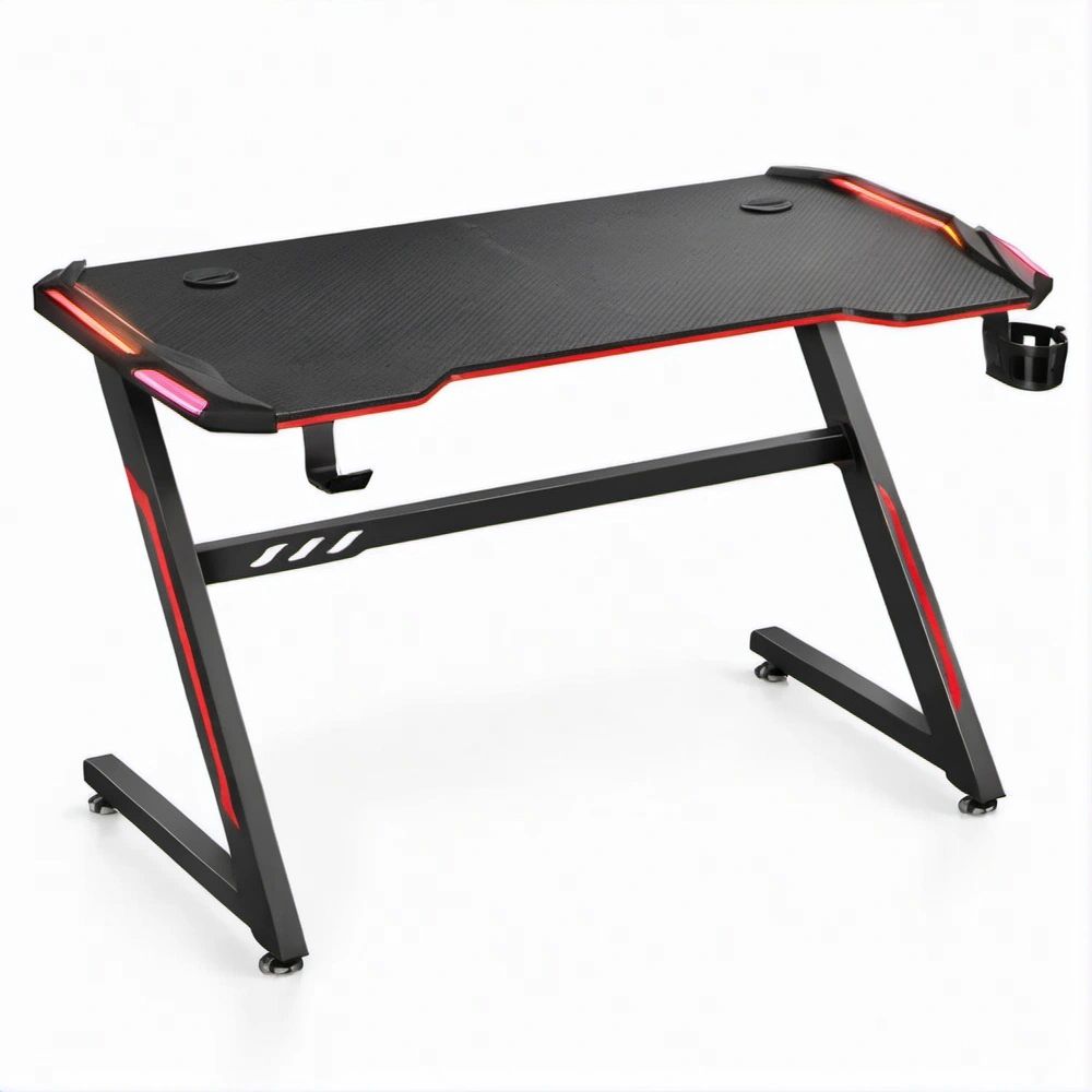 Black/Red Gaming Desk with Carbon Fiber-Pattern Top, LED Accents, Cup Holder and Headset Hook, 47.2 x 23.6 x 29.5 in