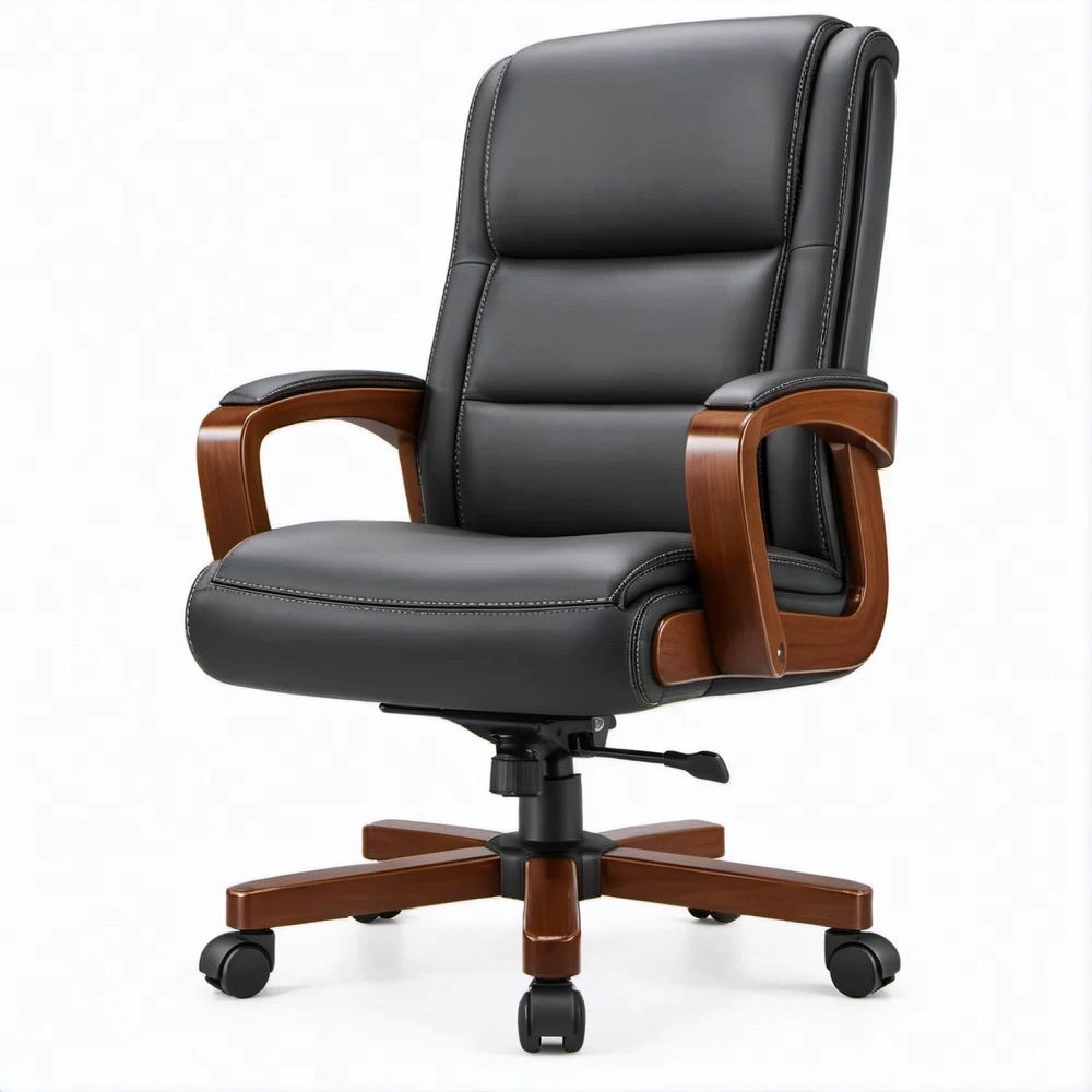 Executive Black PU Leather Office Chair with Brown Wood-Grain Finish, 27.6 x 29.5 x 45.3-49.2 in