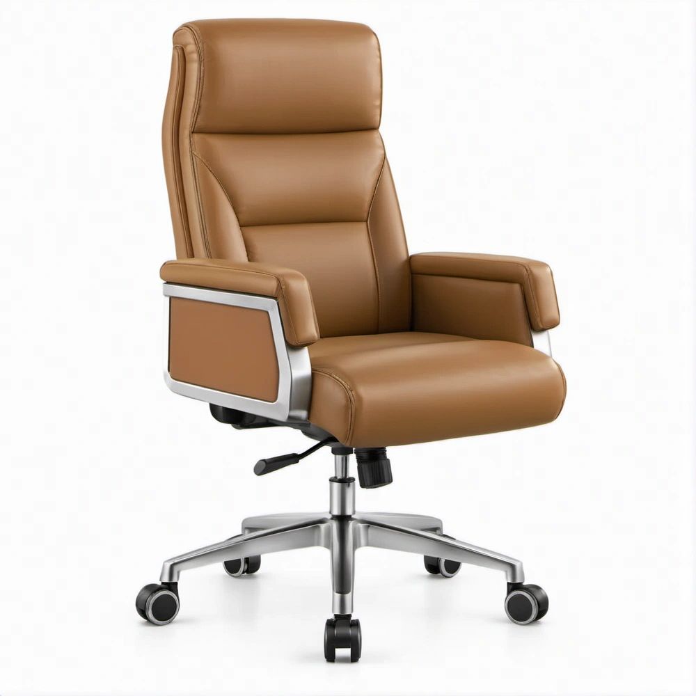 Brown PU Leather High-Back Executive Office Chair, 26 x 28 x 45-49 in, Adjustable Height and Swivel