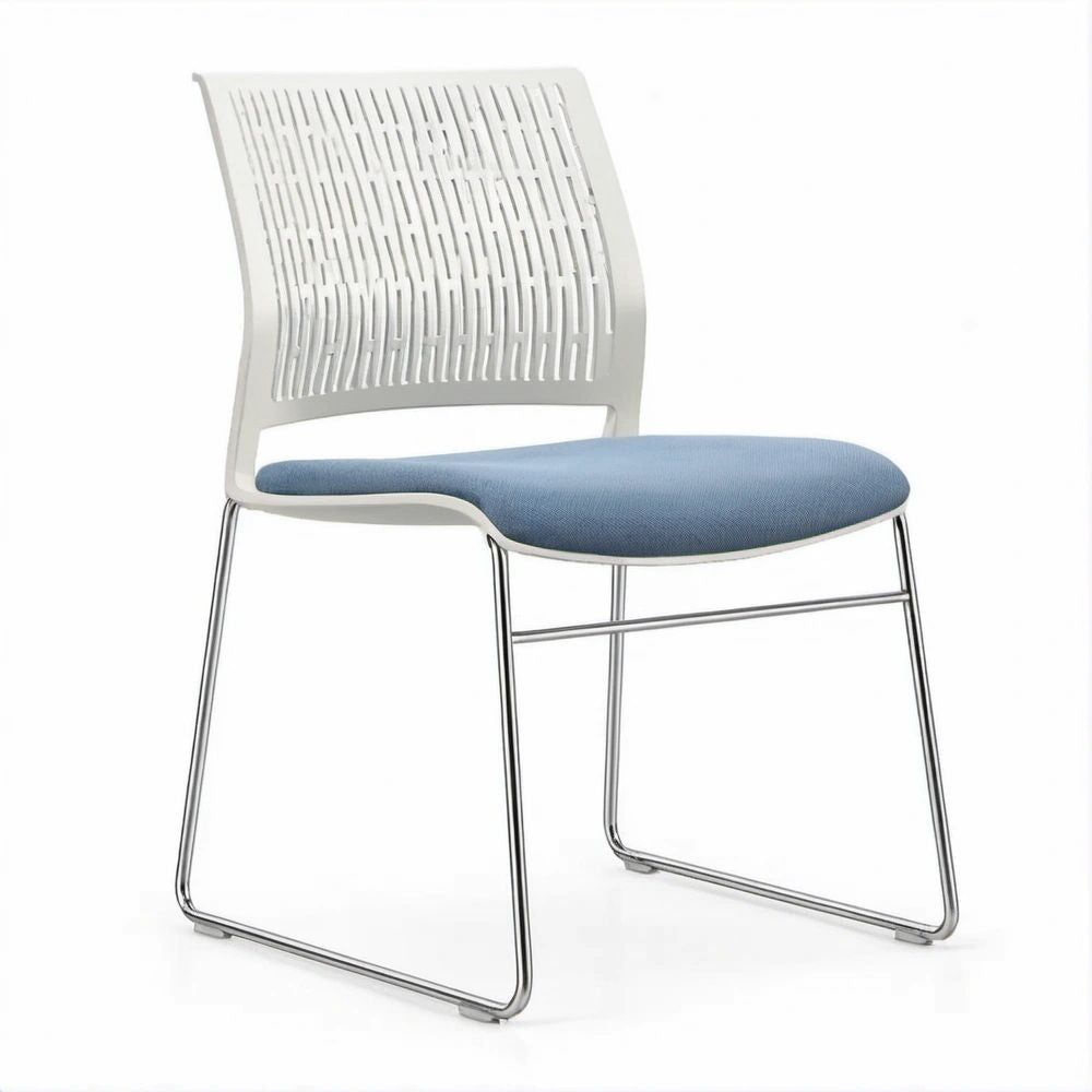 Armless Office Guest Chair, White Polypropylene Back, Blue Padded Polyester Seat, Chrome Steel Sled Base, 22 x 23 x 34 in