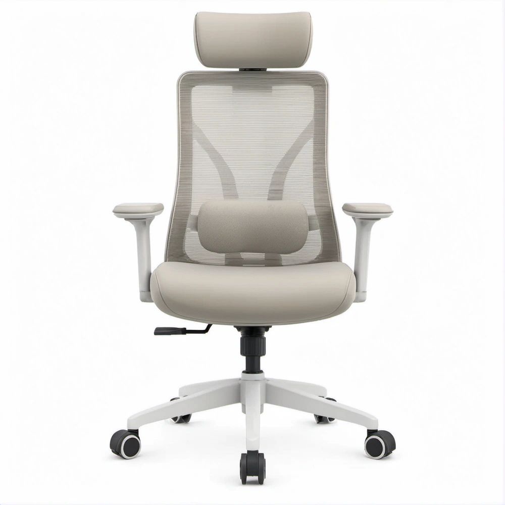 Ergonomic High-Back Office Chair with Headrest and Lumbar Support, Light Gray Mesh and PU, 25.6 x 25.6 x 45.3-49.2 in