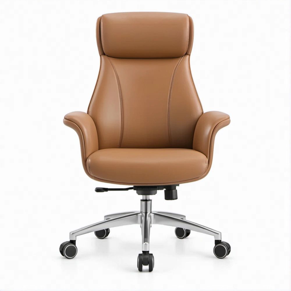 High-Back Brown PU Leather Executive Swivel Chair with Aluminum Base, 26.8 x 27.6 x 45.3-49.2 in