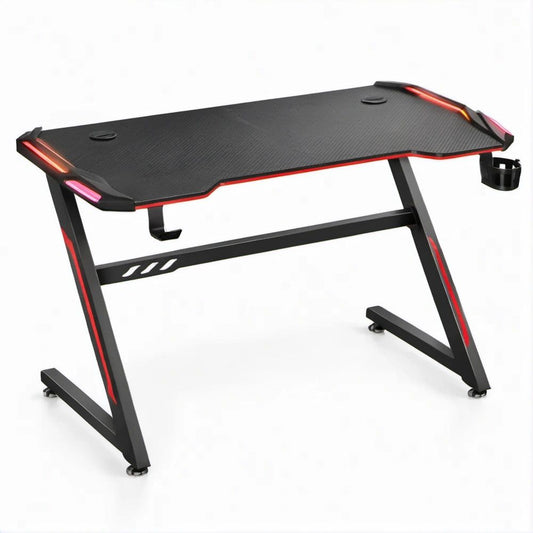 Black/Red Gaming Desk with Carbon Fiber-Pattern Top, LED Accents, Cup Holder and Headset Hook, 47.2 x 23.6 x 29.5 in