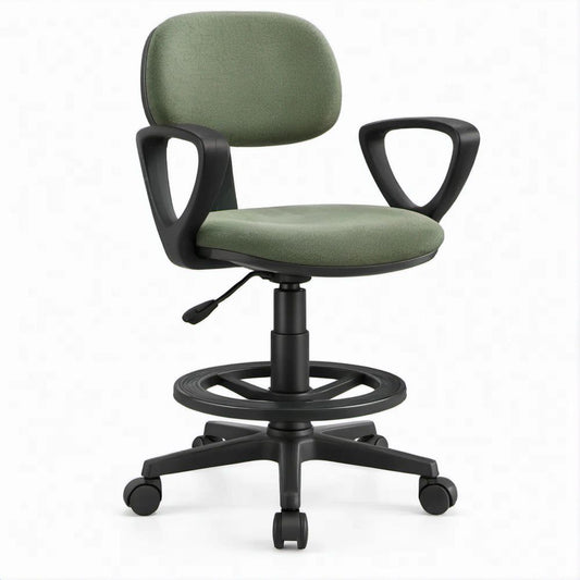 Green and Black Adjustable Drafting Chair with Armrests, Foot Ring and Casters, 25.6 x 25.6 x 43.3-51.2 in