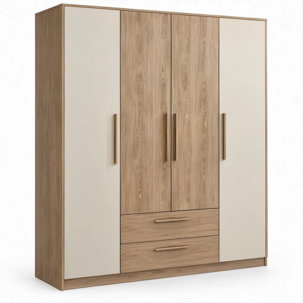 4-Door 2-Drawer Beige and Oak Wood-Grain Wardrobe, 78.7 x 20.5 x 82.7 in