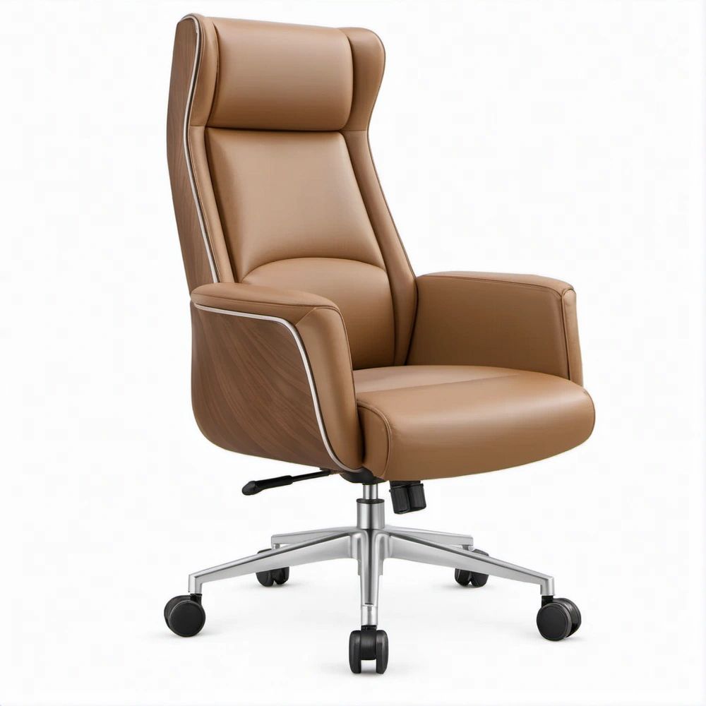 High-Back Executive Office Chair, Tan Synthetic Leather and Walnut Veneer, 26.8 x 27.6 x 45.3-49.2 in