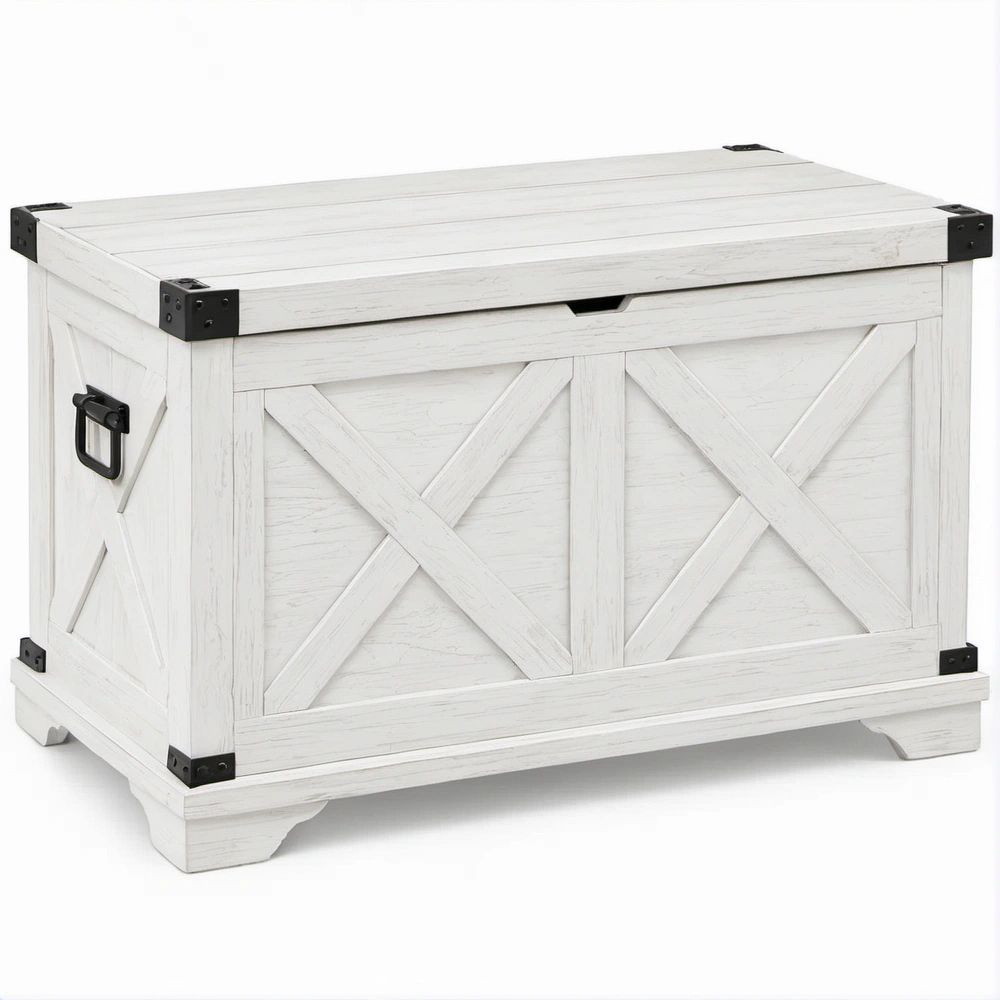 White and Black Engineered Wood Storage Chest with Hinged Lid, 31.5 x 17.7 x 18.1 in