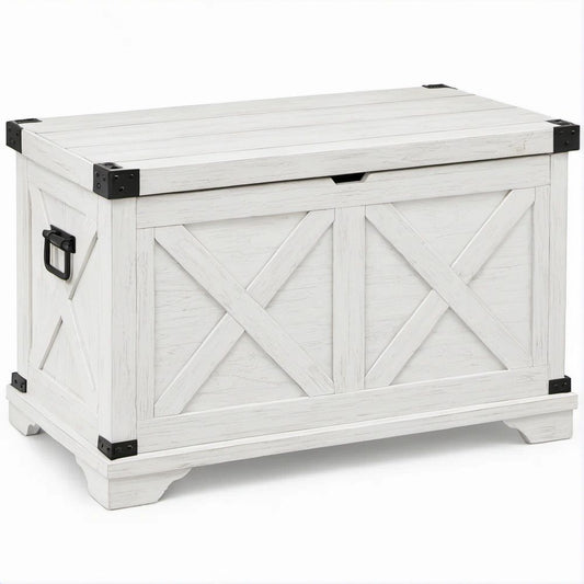 White and Black Engineered Wood Storage Chest with Hinged Lid, 31.5 x 17.7 x 18.1 in