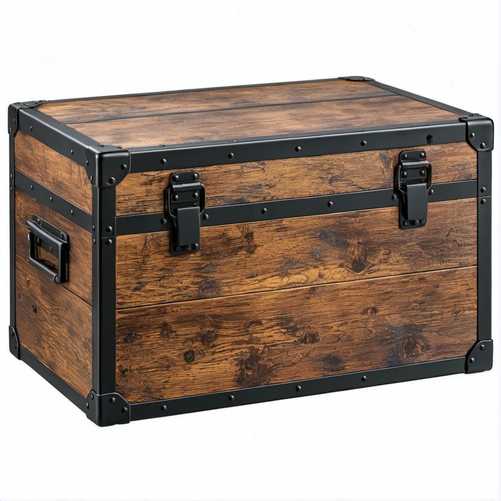 Brown Engineered Wood Storage Trunk with Black Steel Frame, 31.5 x 17.7 x 17.7 in