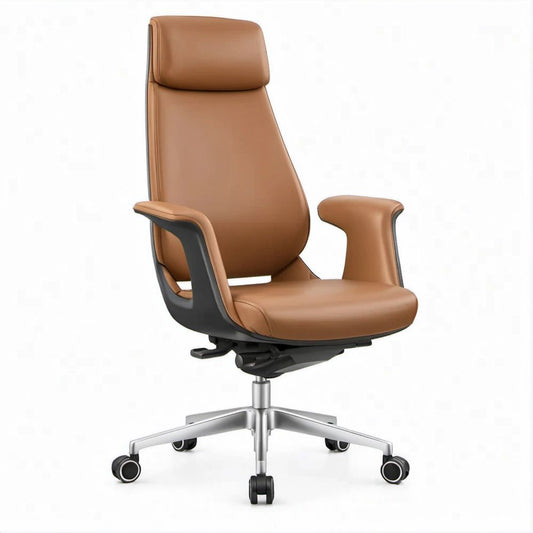 Brown PU Leather High-Back Executive Office Chair with Headrest, Fixed Arms and Swivel Base, 26.4 x 26.4 x 45.7-49.6 in