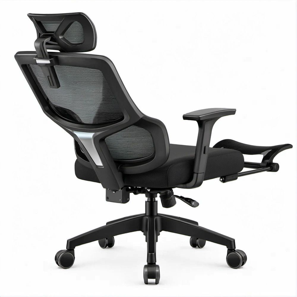 Black Ergonomic Mesh Office Chair with Retractable Footrest, Adjustable Headrest and Armrests, 26 x 27.5 x 47.5-51.5 in.