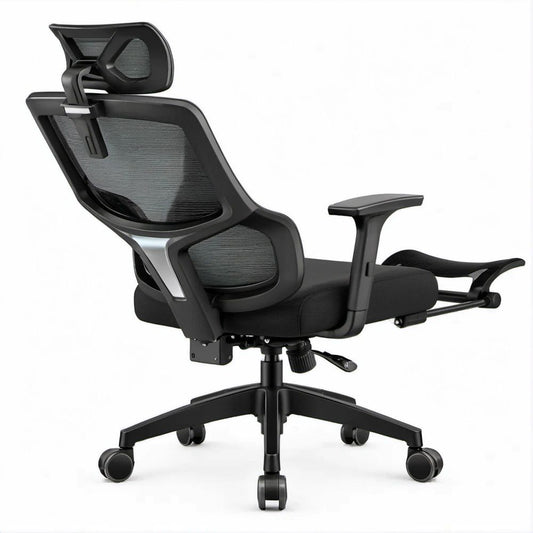 Black Ergonomic Mesh Office Chair with Retractable Footrest, Adjustable Headrest and Armrests, 26 x 27.5 x 47.5-51.5 in.