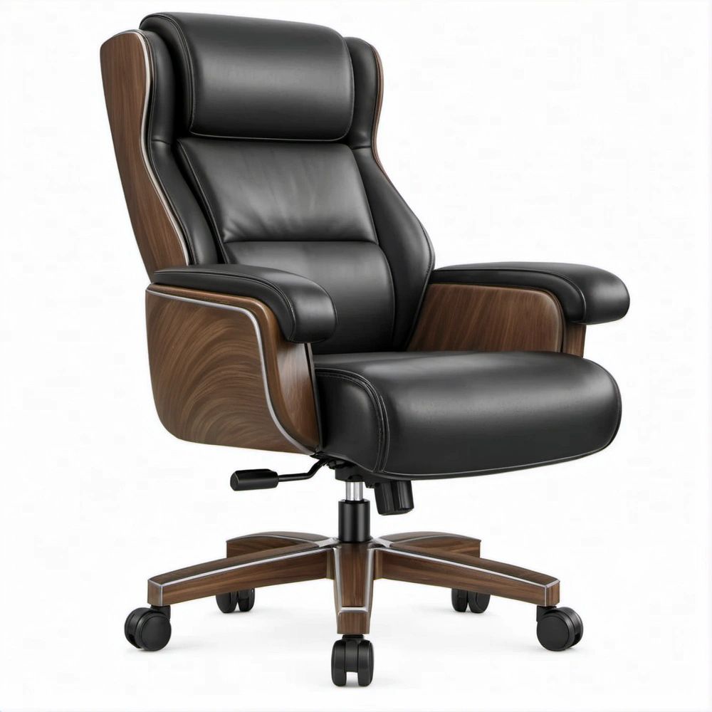 High-Back Executive Swivel Chair, Black PU Leather and Walnut Brown Finish, 69 x 68 x 118-128 cm