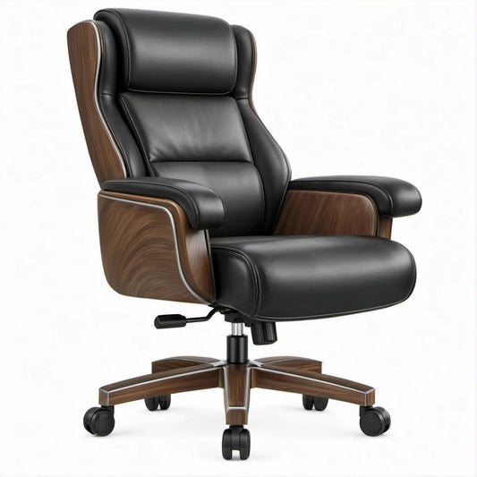 High-Back Executive Swivel Chair, Black PU Leather and Walnut Brown Finish, 69 x 68 x 118-128 cm