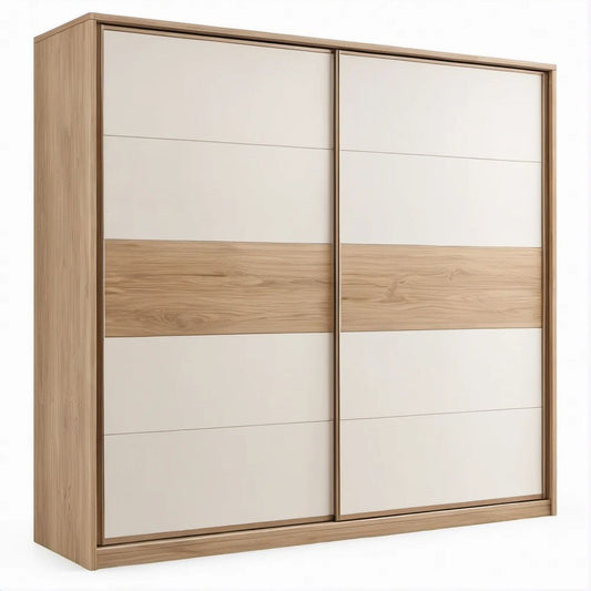 White and Light Oak Sliding Door Wardrobe, 70.9 x 23.6 x 78.7 in