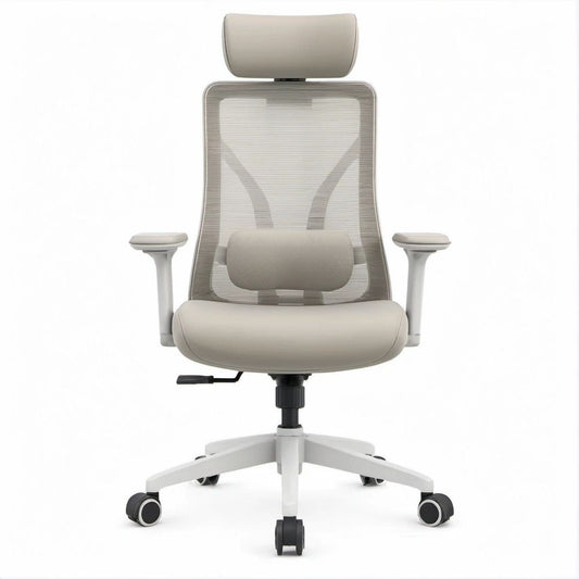 Ergonomic High-Back Office Chair with Headrest and Lumbar Support, Light Gray Mesh and PU, 25.6 x 25.6 x 45.3-49.2 in