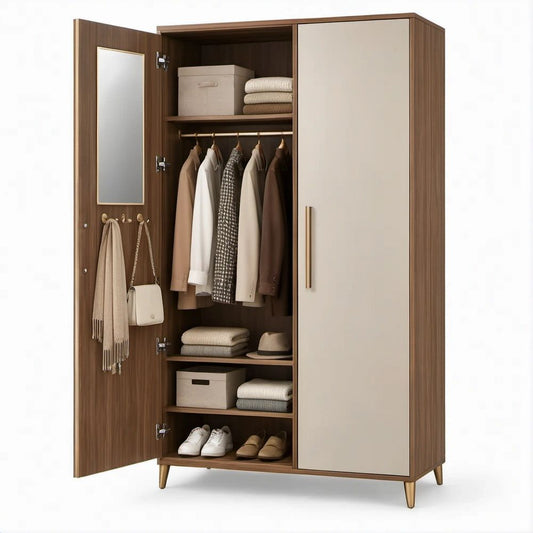 Freestanding Walnut Brown and Beige Wardrobe with Mirror, 47.2 x 19.7 x 78.7 in