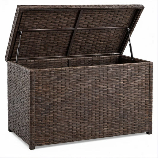 Brown PE Rattan Outdoor Storage Chest with Gas Struts, 47.2 x 23.6 x 23.6 in