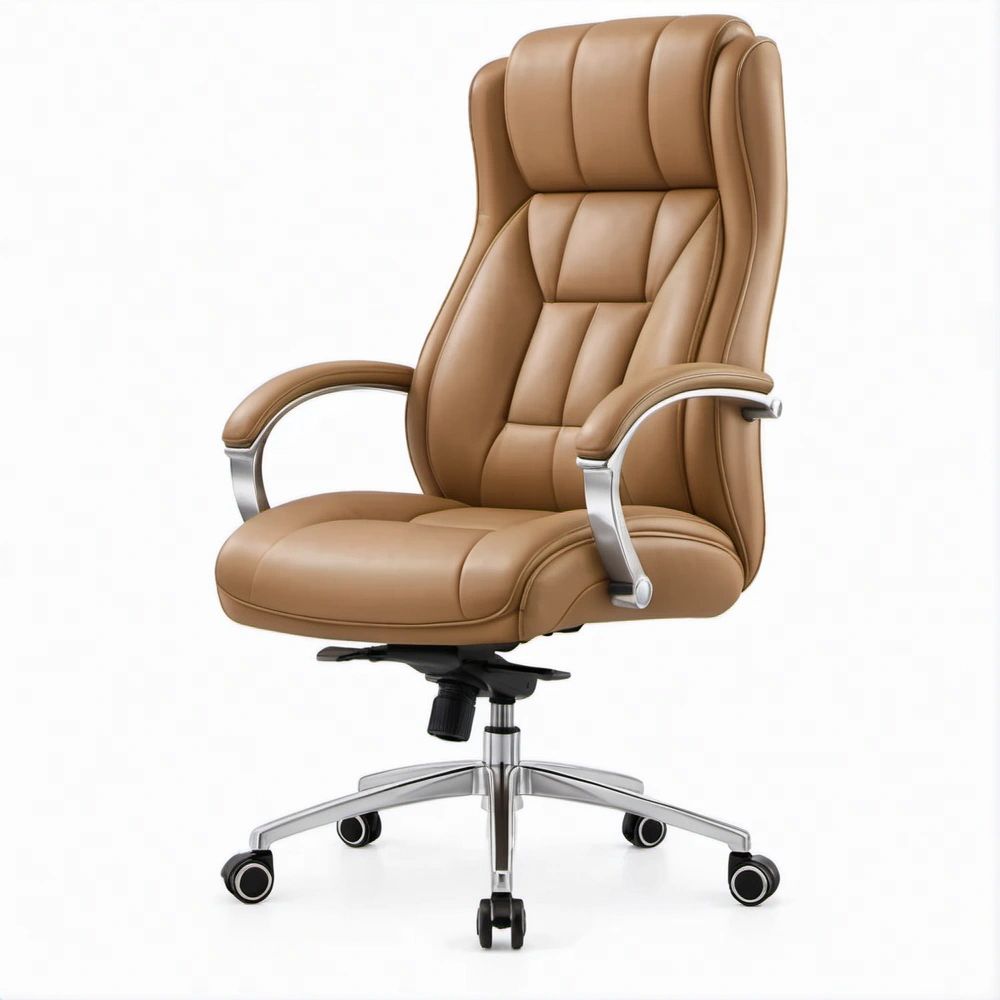 Brown PU Leather High-Back Executive Swivel Chair with Silver Base, 26 x 28 x 46-50 in