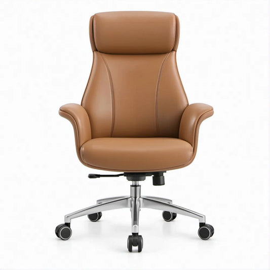 High-Back Brown PU Leather Executive Swivel Chair with Aluminum Base, 26.8 x 27.6 x 45.3-49.2 in
