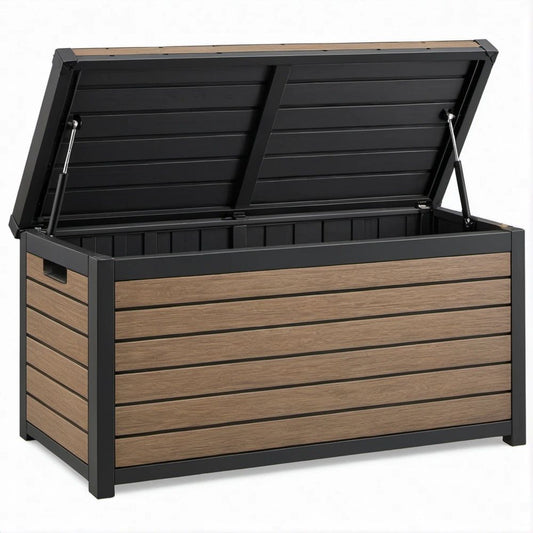 Outdoor WPC Deck Box with Gas Struts, Brown and Black, 47.2 x 19.7 x 23.6 in